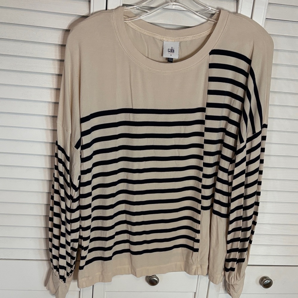 CAbi Tan and Navy/Black Striped Long Sleeve Top | S